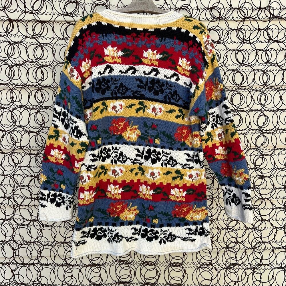 Vintage 90s Forenza Fall floral Leaves Stripe Chunky Tunic Sweater MEDIUM